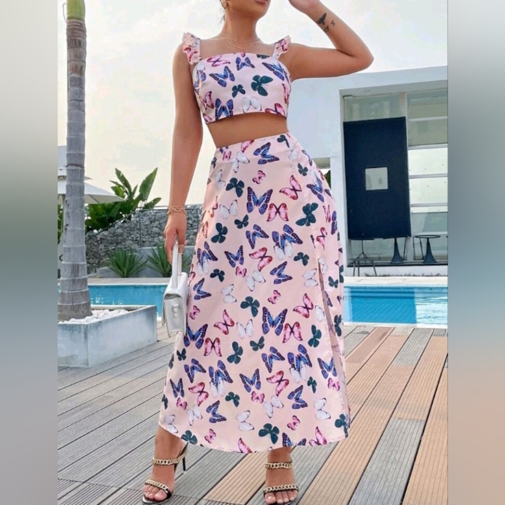 New 2pc Butterfly Print Backless Split Thigj Maxi Skirt Set
